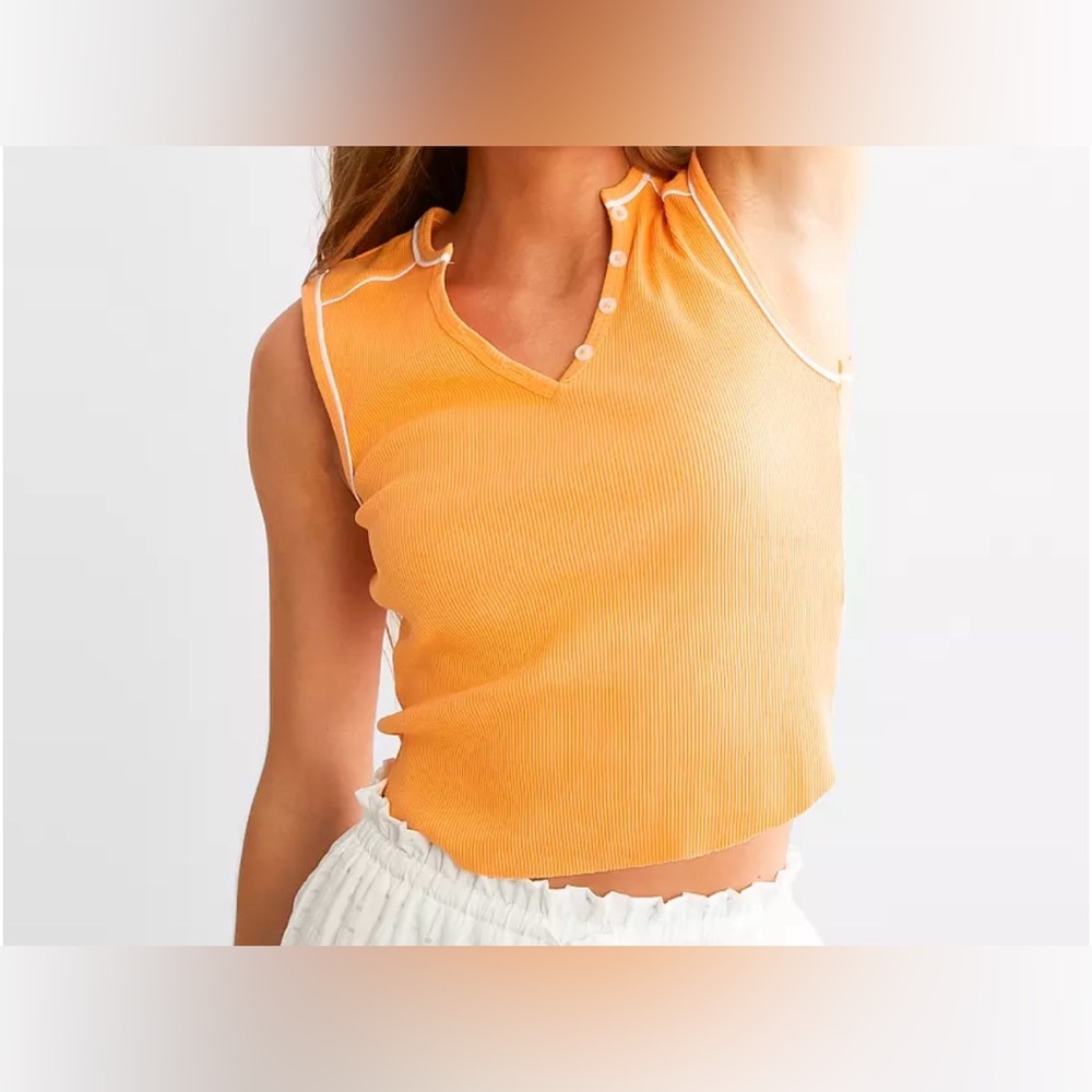 Fitz + Eddi Ribbed Henley Crop Tank | Mock Orange Raw Edge Top | Size XL